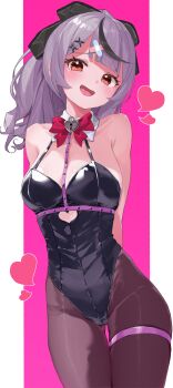 1girl :d absurdres arms_behind_back bandaid bandaid_hair_ornament bare_shoulders black_hair black_leotard black_pantyhose black_ribbon bow bowtie breasts breasts_apart clothing_cutout collarbone commentary_request contrapposto crossed_bandaids detached_collar gluteal_fold grey_hair hair_ornament hair_ribbon head_tilt heart heart_cutout highleg highleg_leotard highres hololive implied_bondage large_breasts legs_together leotard long_hair looking_at_viewer multicolored_hair nema_029 open_mouth orange_eyes outside_border pantyhose pillarboxed pink_background rabbit_hole_(vocaloid) red_bow red_bowtie ribbon sakamata_chloe sidelocks simple_background skindentation smile solo stomach_cutout streaked_hair thigh_gap thigh_strap virtual_youtuber x_hair_ornament