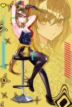 1girl absurdres animal_ears arm_strap armpits arms_behind_head arms_up black_leotard black_pantyhose black_shoes bow bowtie breasts brown_eyes brown_hair brown_tail chair chewing_gum cleavage cleavage_cutout clothes_around_waist clothing_cutout commentary_request detached_collar fake_animal_ears full_body hair_ornament hairclip higeji_(higeji404) high_heels highres horse_ears horse_girl horse_tail jacket jacket_around_waist jungle_pocket_(umamusume) leotard looking_at_viewer medium_breasts medium_hair on_chair pantyhose playboy_bunny shoes sitting strapless strapless_leotard tail too_many_hair_ornaments umamusume umamusume:_beginning_of_a_new_era yellow_background yellow_bow yellow_bowtie yellow_jacket zoom_layer