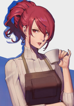 1girl apron brown_apron highres kirijou_mitsuru long_hair open_mouth persona persona_3 persona_3_reload phamoz ponytail red_eyes red_hair red_lips red_nails smile solo white_background