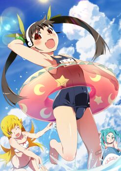 3girls armpits bikini blonde_hair fang gesugesu_ahoaho hachikuji_mayoi highres innertube looking_at_viewer monogatari_(series) multiple_girls official_alternate_costume one_eye_closed ononoki_yotsugi oshino_shinobu school_swimsuit skin_fang splashing swim_ring swimsuit water white_bikini yellow_eyes