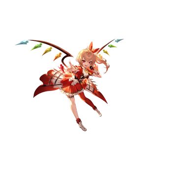 Rule 34 | 1girl, alternate costume, blonde hair, boots, collared shirt, crystal, crystal wings, flandre scarlet, game cg, highres, holding, holding microphone, idol, idol clothes, jacket, long hair, looking at viewer, microphone, multicolored wings, necktie, non-web source, official art, one side up, pantyhose, pointing, pointing at viewer, puffy short sleeves, puffy sleeves, red eyes, red jacket, red pantyhose, red skirt, second-party source, shirt, short sleeves, single leg pantyhose, skirt, solo, touhou, touhou gensou eclipse, transparent background, u u zan, white boots, white shirt, wings, wrist cuffs, yellow necktie