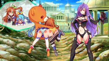 3girls artist_name ass bdsm blue_hair breasts brown_hair cherrys-12 choker choujigen_game_neptune choujigen_taisen_neptune_vs_sega_hard_girls cleavage closed_eyes closed_mouth clothes_pull compile_heart day earrings elbow_gloves female_focus femdom flat_chest gloves hair_between_eyes hand_on_own_hip holding holding_whip idea_factory if_(neptunia) iris_heart_(neptunia) jewelry long_hair multiple_girls neptune_(series) open_mouth outdoors panties parody path ponytail pururut red_eyes restrained revealing_clothes road saliva scared sega_hatsumi signature striped_clothes striped_panties thighhighs underwear very_long_hair whip whip_marks whipped whipping yellow_panties yuri