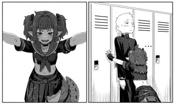 ... 1boy 1girl :d against_wall agemmata armband belt blush chest_sarashi crocodile_girl crocodilian_tail crop_top fingerless_gloves gakuran gloves greyscale height_difference highres kabedon locker midriff monochrome navel neckerchief nitya_nil open_mouth phase_connect pleated_skirt pointy_ears sarashi school_uniform serafuku sharp_teeth short_hair short_sleeves skirt smile sweatdrop tail teeth twintails virtual_youtuber