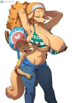 1boy 1girl absurdres animal_ears antlers big_hair bikini blue_pants breasts closed_eyes commentary cooliehigh cosplay cowboy_shot curvy dog_ears dog_girl dog_tail english_commentary furry furry_female furry_male grabbing_another's_breast green_bikini groping guided_breast_grab guiding_hand hair_pulled_back happy height_difference hetero highres horns huge_breasts nami_(one_piece) nami_(one_piece)_(cosplay) nipple_slip nipples one_piece orange_hair pants reindeer_antlers reindeer_boy simple_background smile snout standing swimsuit tail tony_tony_chopper wanda_(one_piece) wardrobe_malfunction white_background wide_hips