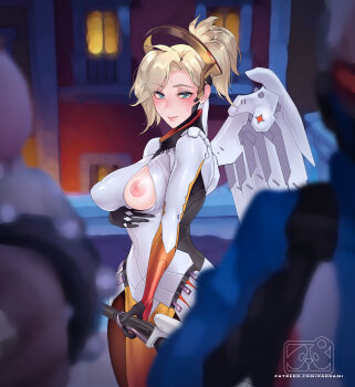 1girl 2boys artist_name blonde_hair blue_eyes blush breasts exhibitionism eye_contact flashing half-closed_eyes halo highres lips looking_at_another mechanical_halo mercy_(overwatch) multiple_boys nipples oppai_challenge overwatch overwatch_1 pandami pantyhose ponytail presenting_breasts public_indecency soldier:_76_(overwatch) sweat watermark web_address