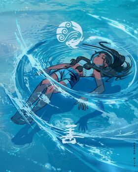 1girl artist_name avatar:_the_last_airbender avatar_legends bare_arms bare_shoulders barefoot beads black_hair blue_shirt blue_shorts breasts closed_eyes closed_mouth crop_top dark-skinned_female dark_skin fish floating full_body hair_beads hair_ornament hashtag-only_commentary katara long_hair medium_breasts midriff parted_bangs rogerwitt shirt shorts shorts_rolled_up sidelocks solo water