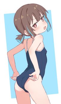 1girl absurdres adjusting_clothes annoyed ass bare_shoulders blue_background blue_hair blue_one-piece_swimsuit blush breasts brown_hair cameltoe colored_inner_hair covered_erect_nipples cowboy_shot dot_nose embarrassed eyebrows_hidden_by_hair eyelashes female_focus from_behind highres hozuki_momiji loli looking_at_viewer looking_back medium_hair multicolored_hair one-piece_swimsuit onii-chan_wa_oshimai! open_mouth red_eyes short_twintails simple_background small_breasts solo standing streaked_hair swimsuit tooteki twintails two-tone_background two-tone_hair white_background