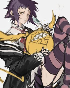 1girl black_coat black_order_uniform candy coat coat_partially_removed creature cross cross_in_eye d.gray-man dress_shirt facial_mark food forehead_mark golem_(d.gray-man) grey_background highres holding holding_candy holding_creature holding_food holding_lollipop lollipop looking_at_viewer messy_hair miniskirt noah_(d.gray-man) parted_lips pink_thighhighs pleated_skirt purple_hair purple_skirt purple_thighhighs red_ribbon ribbon road_kamelot shachi_ark sharp_teeth shirt short_hair sidelocks simple_background sitting skirt solo spiked_hair striped_coat tail teeth thighhighs thighs timcanpy two-tone_thighhighs unfinished vertical-striped_coat white_shirt wings yellow_eyes