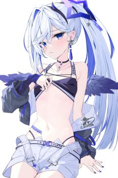 absurdres amane_kanata angel angel_wings bikini bikini_pull black_bikini black_nails blue_eyes blue_hair blue_nails blush braid choker closed_mouth clothes_pull collarbone earrings flat_chest hair_intakes halo hashtag-only_commentary highres hololive jacket jewelry long_hair looking_at_viewer multicolored_hair multicolored_nails multiple_rings nama_tt1786 navel necklace off_shoulder open_clothes open_jacket ponytail purple_nails ring short_shorts shorts simple_background star_halo swimsuit virtual_youtuber white_background white_hair white_shorts wings