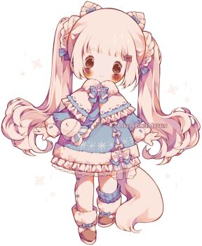 Rule 34 | 1girl, animal ears, artist name, asymmetrical legwear, blue bow, blue bowtie, blue dress, blue socks, blunt bangs, blush, blush stickers, boots, bow, bow legwear, bowtie, braid, braided hair rings, brown boots, brown eyes, capelet, chibi, closed mouth, commentary, dress, ear ribbon, english commentary, eyelashes, fish hair ornament, footwear bow, fox ears, fox girl, fox tail, frilled capelet, frilled dress, frills, fur-trimmed capelet, fur-trimmed dress, fur-trimmed footwear, fur-trimmed sleeves, fur trim, gloves, hair ornament, hair rings, hairclip, head tilt, highres, lace, lace-trimmed boots, lace-trimmed dress, lace trim, leggings, littlebluemuffin, long hair, long sleeves, looking at viewer, original, painttool sai (medium), photoshop (medium), puffy long sleeves, puffy sleeves, short dress, single sock, smile, snowflake ornament, snowflake print, socks, tail, transparent background, twintails, very long hair, waist bow, watermark, white bow, white capelet, white gloves, white hair, white leggings