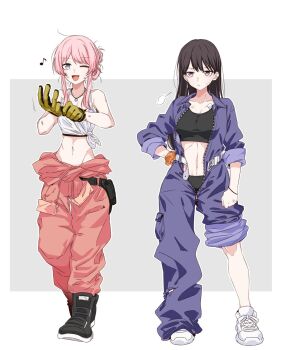 Rule 34 | 2girls, bang dream!, bang dream! it's mygo!!!!!, black hair, black panties, black shoes, black sports bra, blue jumpsuit, breasts, chihaya anon, closed mouth, commentary request, dirty, dirty face, earrings, fang, gloves, grey eyes, highres, jewelry, jumpsuit, large breasts, long hair, mole, mole under eye, multiple girls, navel, necklace, open jumpsuit, open mouth, panties, pink hair, pink jumpsuit, porinki, purple eyes, shiina taki, shirt, shoes, single earring, sports bra, stomach, tank top, tied shirt, underwear, white shoes, white tank top, yellow gloves