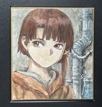 1girl abe_yoshitoshi brown_hair commentary_request expressionless highres iwakura_lain jacket looking_to_the_side painting_(medium) red_eyes serial_experiments_lain shikishi short_hair solo traditional_media upper_body watercolor_(medium)