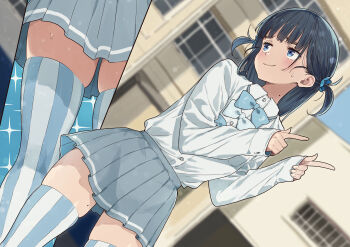 1girl absurdres basori_tiara black_hair blue_bow blue_bowtie blue_eyes blush bow bowtie closed_mouth collared_shirt commentary_request dutch_angle flower grey_skirt hair_behind_ear hair_flower hair_ornament highres imigimuru long_sleeves looking_at_another make_heroine_ga_oo_sugiru! medium_hair miniskirt multiple_views novel_illustration official_alternate_hairstyle official_art outdoors pleated_skirt pointing school_uniform second-party_source shirt shirt_tucked_in skindentation skirt skirt_rolled_up solo standing striped_clothes striped_thighhighs summer_uniform sweat thighhighs thighs tsuwabuki_high_school_uniform two_side_up vertical-striped_clothes vertical-striped_thighhighs wavy_mouth white_shirt white_thighhighs zettai_ryouiki