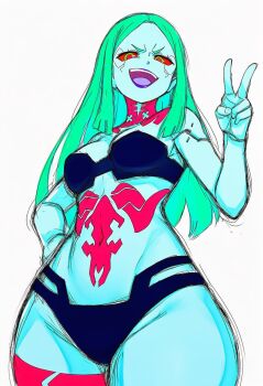 Rule 34 | 1girl, :d, artificial eye, bare shoulders, black bra, black panties, bra, breasts, colored sclera, colored skin, commentary, curvy, cyberpunk: edgerunners, cyberpunk (series), cyborg, from below, gracklez, green eyes, green hair, grin, hair down, highres, leg tattoo, long hair, looking at viewer, mechanical eye, neck tattoo, open mouth, panties, pink tattoo, rebecca (cyberpunk), red pupils, red sclera, smile, solo, stomach tattoo, strapless, strapless bra, tattoo, teeth, underwear, upper teeth only, v, white background, white skin, wide hips