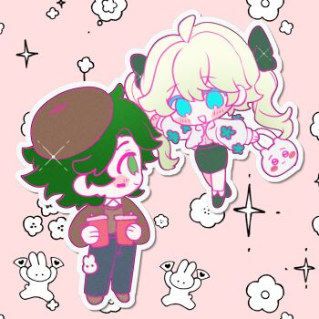 Rule 34 | 1boy, 1girl, :d, animal, bag, bare legs, blonde hair, blue eyes, blue pants, blush, bow, brown jacket, brown shoes, brown sweater, character bag, cheek tattoo, chibi, chibi only, chiikawa, chiikawa (character), chinese commentary, closed mouth, collared jacket, collared shirt, colored eyelashes, commentary request, cup, dated commentary, denim, disposable cup, double-parted bangs, drinking straw, eye contact, film grain, floral background, full body, gatling pea (plants vs. zombies), green bow, green eyes, green hair, green shoes, green skirt, grey shirt, hair between eyes, hair bow, handbag, holding, holding bag, holding cup, jacket, jeans, long hair, long sleeves, looking at another, medium skirt, no pupils, open clothes, open jacket, open mouth, outline, pants, pencil skirt, personification, pink background, plants vs. zombies, plants vs. zombies 2, profile, puffy long sleeves, puffy sleeves, rabbit, shirt, shoes, short hair, siiiiiiiiiii, simple background, skirt, smile, sparkle, standing, sweater, tareme, tattoo, turkey-pult (plants vs. zombies), twintails, wavy hair, white bag, white jacket, white outline, white shirt