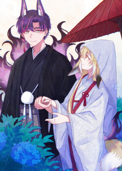 1boy 1girl alternate_costume animal_ear_fluff animal_ears arknights asin_buy black_kimono blonde_hair blue_flower closed_mouth commentary_request cowboy_shot earrings ears_down fingernails flower green_eyes hair_between_eyes hair_intakes highres holding_hands husband_and_wife japanese_clothes jewelry kimono long_hair long_sleeves looking_at_another multicolored_hair multiple_tails oil-paper_umbrella orange_eyes pink_hair plant pom_pom_(clothes) profile purple_hair purple_tail shiromuku short_hair single_earring smile standing streaked_hair suzuran&#039;s_father_(arknights) tail tassel uchikake umbrella vulpisfoglia_(arknights) white_background white_hair white_kimono white_tail wide_sleeves yellow_tail