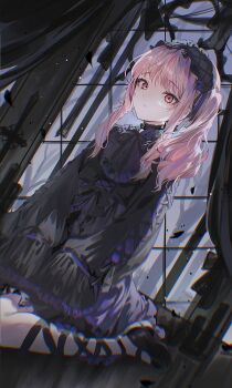 1other absurdres akiyama_mizuki androgynous ankle_ribbon bib_collar black_bow black_choker black_dress black_hairband black_ribbon black_shoes bow choker chromatic_aberration closed_mouth commentary_request cross curtains dress dress_bow frilled_choker frilled_hairband frills gothic_lolita hairband hands_on_lap highres iblos1202 indoors latin_cross leg_ribbon lolita_fashion lolita_hairband long_hair long_sleeves looking_at_viewer looking_down mary_janes neck_ribbon on_floor pink_eyes pink_hair project_sekai ribbon ribbon-trimmed_hairband shoes short_dress side_ponytail sitting sleeves_past_fingers sleeves_past_wrists solo swept_bangs wariza wide_sleeves window