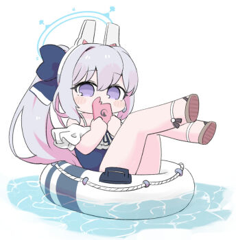 1girl blue_archive blue_bow blue_one-piece_swimsuit blush_stickers bow brown_sandals cellphone chibi covered_mouth frilled_one-piece_swimsuit frills full_body grey_hair hair_between_eyes hair_bow halo headgear holding holding_phone innertube long_hair looking_at_viewer miranofuudoria miyako_(blue_archive) miyako_(swimsuit)_(blue_archive) off-shoulder_one-piece_swimsuit off_shoulder one-piece_swimsuit phone purple_eyes sandals shoe_soles side_ponytail solo swim_ring swimsuit very_long_hair water white_background