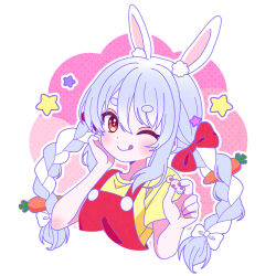 Rule 34 | 1girl, animal ear fluff, animal ears, bad id, bad twitter id, blue hair, bow, braid, candy, carrot hair ornament, closed mouth, commentary request, cropped torso, food, food-themed hair ornament, hair between eyes, hair bow, hair ornament, hand on own cheek, hand on own face, hands up, holding, holding candy, holding food, hololive, long hair, looking at viewer, multicolored hair, nekomachi nao, one eye closed, orange eyes, outline, rabbit ears, rabbit girl, red bow, shirt, short eyebrows, short sleeves, smile, solo, star (symbol), thick eyebrows, tongue, tongue out, twin braids, two-tone hair, upper body, usada pekora, virtual youtuber, white hair, white outline, yellow shirt