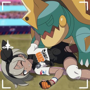 1boy 1girl absurdres audience bea_(pokemon) bestiality black_bodysuit black_hairband blurry blurry_background bodysuit clenched_teeth covered_navel cum cum_in_pussy dark-skinned_female dark_skin drednaw gen_8_pokemon grey_eyes grey_hair hairband hetero highres hoshi_wo_miru humiliation knee_pads large_penis lying matching_hair/eyes missionary nintendo on_back one_eye_closed penis pokemon pokemon_(creature) pokemon_swsh pokephilia public_indecency pussy rape recording sex short_hair sportswear spread_legs stadium stomach_bulge teeth torn_bodysuit torn_clothes uncensored vaginal viewfinder