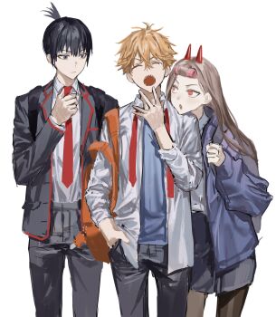 1girl 2boys absurdres backpack bag black_hair black_jacket black_pants blonde_hair blue_shirt chainsaw_man chamuring denji_(chainsaw_man) grey_pantyhose hand_in_pocket hayakawa_aki highres horns jacket long_hair long_sleeves multiple_boys necktie open_clothes open_jacket open_mouth pants pantyhose pochita_(chainsaw_man) ponytail power_(chainsaw_man) red_necktie sharp_teeth shirt short_hair standing teeth white_jacket yawning