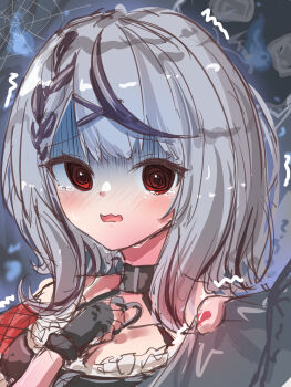 1girl black_collar black_gloves black_streaks camisole chest_belt collar commentary_request fang fingerless_gloves gloves grey_hair hair_ornament highres hololive looking_at_viewer medium_hair multicolored_hair nail_polish open_mouth red_eyes red_nails sakamata_chloe sakamata_chloe_(1st_costume) skin_fang solo streaked_hair u_da_desu virtual_youtuber white_camisole x_hair_ornament