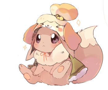 :&lt; animal_crossing blush brown_eyes closed_mouth commentary_request cosplay eevee full_body gen_1_pokemon isabelle_(animal_crossing) isabelle_(animal_crossing)_(cosplay) nintendo no_humans pokemon simple_background sitting solo sparkle white_background yupo_0322