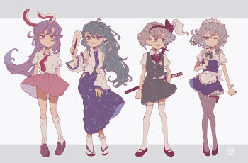 4girls animal_ears apron black_bow black_bowtie black_hairband blue_skirt bow bowtie braid braided_sidelock chest_sarashi clothing_cutout commentary detached_sleeves floating_hair frilled_apron frills frog_hair_ornament full_body gohei green_bow green_bowtie green_hair green_skirt green_vest grey_hair grey_pantyhose hair_ornament hairband highres hip_vent hitodama holding holding_gohei holster izayoi_sakuya japanese_clothes katana kneehighs kochiya_sanae konpaku_youmu konpaku_youmu_(ghost) letterboxed lineup loafers long_hair looking_ahead looking_at_viewer looking_to_the_side maid maid_apron maid_headdress mary_janes miko miniskirt multiple_girls necktie one_eye_closed pantyhose pink_skirt pleated_skirt puffy_short_sleeves puffy_sleeves purple_hair rabbit_ears rabbit_girl red_necktie reisen_udongein_inaba sandals sarashi shirt shoes short_hair short_sleeves simple_background skirt skirt_set snake_hair_ornament socks sokura_(mochichitose) sword sword_on_back symbol-only_commentary tabi thigh_holster thighhighs touhou very_long_hair vest waist_apron weapon weapon_on_back white_background white_shirt white_socks white_thighhighs wrist_cuffs zettai_ryouiki zouri