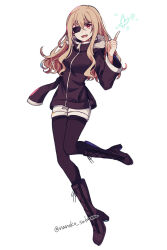 Rule 34 | 1girl, black jacket, black pantyhose, boots, bug, butterfly, cross-laced footwear, eyepatch, highres, higyaku no noel, index finger raised, insect, jacket, knee boots, light brown hair, long hair, long sleeves, looking at viewer, missing limb, nanoko, noel cerquetti, open mouth, pantyhose, pantyhose under shorts, red eyes, short shorts, shorts, simple background, solo, twitter username, white background, white shorts, zipper
