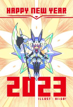 1girl 2023 artist_name axe commentary_request full_body green_hair happy_new_year hi-go! highres holding holding_axe mecha multicolored_hair new_year original robot solo two-tone_hair white_hair