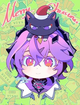 1boy :> animal animal_on_head animalization black_cat black_horns bow bright_pupils cat cat_on_head chest_jewel closed_mouth collar colored_eyelashes copyright_name cropped_torso dated diamond-shaped_pupils diamond_(shape) dragon_boy dragon_horns durin_(genshin_impact) eromkk error_message facial_mark feathers forehead_mark fur-trimmed_headwear fur_trim gem genshin_impact green_background hair_between_eyes hashtag-only_commentary hat heart highres horns light_blush looking_at_viewer male_focus merry_christmas on_head pink_eyes pom_pom_(clothes) purple_hair purple_vest red_gemstone red_hat santa_hat scaramouche_(cat)_(genshin_impact) scaramouche_(genshin_impact) shooting_star smile star_(symbol) string symbol-shaped_pupils tareme twitter_username vest white_collar white_pupils window_(computing) yellow_feathers