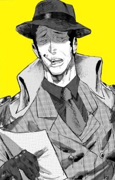 1boy cape cigarette collared_cape collared_shirt curly_hair edicigerr fedora formal_clothes greyscale_with_colored_background hat high_collar holding holding_paper kizaru_(one_piece) lapels lips looking_to_the_side male_focus necktie notched_lapels one_piece open_mouth paper pinstripe_pattern pinstripe_suit shirt simple_background suit teeth upper_body wing_collar yellow_background