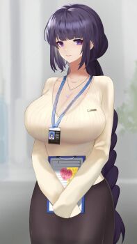 1girl alternate_costume blunt_bangs blurry blurry_background blush breasts cleavage clipboard closed_mouth collarbone commentary genshin_impact gigantic_breasts grey_background highres holding holding_clipboard huge_breasts indoors jewelry large_breasts long_sleeves looking_at_viewer looking_to_the_side low_ponytail lumc mature_female mole mole_under_eye name_tag necklace office_lady pink_lips ponytail purple_eyes purple_hair raiden_shogun shade skirt solo standing upper_body