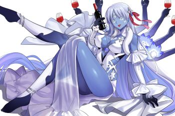 1girl absurdres alcohol anklet bare_shoulders barefoot blue_eyes blue_skin bottle breasts cleavage colored_skin cup detached_leggings detached_sleeves dress drinking_glass earrings extra_arms fate/grand_order fate_(series) flower hair_ribbon highres jewelry kali_(celebratory_attire)_(fate) kali_(fate) large_breasts long_hair longdq3008 looking_at_viewer necklace open_mouth pelvic_curtain pendant ribbon smile snake solo third_eye tongue tongue_out very_long_hair white_dress white_hair wide_sleeves wine wine_bottle wine_glass