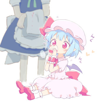 2girls apron ayakashi_(monkeypanch) bat_wings blue_dress blue_hair blush bobby_socks commentary cropped_legs cup dress drinking drinking_glass elbow_carry frilled_hat frilled_wristband frills hat hat_ribbon head_out_of_frame heart highres holding holding_cup izayoi_sakuya maid mob_cap multiple_girls out_of_frame pink_hat pink_shirt pink_skirt pointy_ears red_eyes red_ribbon red_shoes remilia_scarlet ribbon shirt shoes short_hair short_sleeves simple_background sitting skirt socks solo_focus standing touhou towel waist_apron white_apron white_background white_socks wine_glass wings