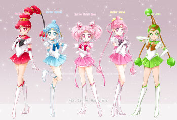 Rule 34 | back bow, bishoujo senshi sailor moon, bishoujo senshi sailor moon stars, black bow, black bowtie, blue bow, blue bowtie, blue choker, blue eyes, blue footwear, blue sailor collar, blue skirt, boots, bow, bowtie, brooch, cerecere (sailor moon), chibi usa, choker, circlet, cone hair bun, double bun, earrings, elbow gloves, english text, forehead, gem, gloves, green choker, green eyes, green hair, green sailor collar, green skirt, hair bun, hair ornament, high heel boots, high heels, highres, impossible hair, jewelry, junjun (sailor moon), miniskirt, orange bow, orange bowtie, pallapalla (sailor moon), parted bangs, pink boots, pink choker, pink eyes, pink hair, pink sailor collar, pink skirt, pleated skirt, puffy short sleeves, puffy sleeves, red bow, red bowtie, red choker, red eyes, red footwear, red gem, red hair, red sailor collar, sailor ceres, sailor chibi moon, sailor collar, sailor juno, sailor pallas, sailor vesta, sarashina kau, shirt, short hair, short sleeves, short twintails, skirt, star (symbol), star choker, stud earrings, super sailor chibi moon (stars), twintails, vesves (sailor moon), white footwear, white gloves, white shirt