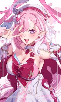 1girl blush braid braided_bangs breasts cleavage collarbone commentary_request diamond-shaped_pupils diamond_(shape) earrings elysia_(hi_love_elf)_(honkai_impact) elysia_(honkai_impact) fu_oekakiman hair_ornament hand_up happy_birthday hat heart heart_earrings heart_hair_ornament highres honkai_(series) honkai_impact_3rd jewelry large_breasts long_hair looking_at_viewer multicolored_hair open_mouth pink_eyes pink_hair pink_pupils pointy_ears smile solo streaked_hair symbol-shaped_pupils upper_body v very_long_hair white_background white_hat