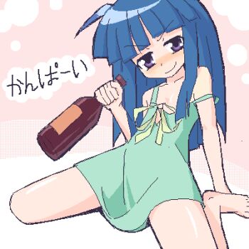 1girl alcohol balsamic_sauce blue_hair dress drunk furude_rika green_dress higurashi_no_naku_koro_ni looking_at_viewer strap_slip