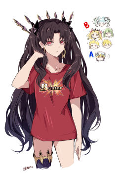 1girl arm_up black_hair chibi collarbone commentary cowboy_shot earrings english_text enkidu_(fate) ereshkigal_(fate) fate/grand_order fate_(series) gilgamesh_(fate) highres ishtar_(fate) jewelry legs long_hair looking_at_viewer red_eyes sodamachi solo thighhighs thighs tiamat_(fate) tohsaka_rin twitter_username upper_body very_long_hair