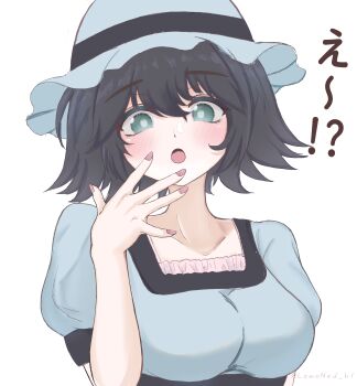 1girl :o absurdres black_hair blue_dress blue_hat blush breasts dress hat highres lemoned_hl_5050 open_mouth science_adventure shiina_mayuri short_hair simple_background solo steins;gate upper_body white_background