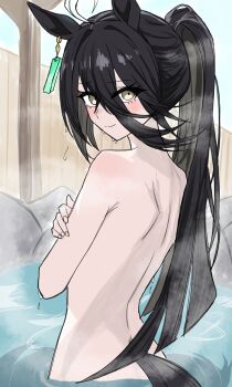 1girl animal_ears black_hair blunt_ends closed_mouth completely_nude crossed_bangs ear_ornament ear_tag earrings hair_between_eyes hands_up highres horse_ears horse_girl horse_tail jewelry long_bangs long_hair long_hair_between_eyes manhattan_cafe_(umamusume) nude onsen ponytail single_earring smile solo steam tail umamusume user_rmus7348 very_long_hair wading wet