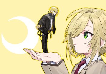 2boys black_jacket blazer blonde_hair collared_shirt commentary_request crescent_moon dual_persona green_eyes headphones headphones_around_neck highres in_palm jacket mini_person moon multiple_boys necktie nijisanji red_necktie shirt short_hair uzuki_kou virtual_youtuber yellow_background yoe777ty