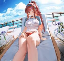 1girl ahoge animated bag bare_legs beach_umbrella bikini bikini_tug bikini_under_clothes black_choker blue_sandals blue_sky blush bouncing_breasts bracelet breasts breasts_squeezed_together chair character_doll choker cleavage clothes_lift clothes_pull copyright_name curvy doll dolphin dot_nose goddess_of_victory:_nikke green_hairband green_sleeves groin hair_ornament hairband handbag jewelry large_breasts legs lifting_own_clothes long_hair looking_at_viewer lying multiple_bracelets multiple_girls navel official_alternate_costume official_alternate_hairstyle official_art on_back partially_submerged ponytail railing rapi_(nikke) rapi_(red_hood)_(nikke) rapi_(red_hood)_(red_flavor)_(nikke) red_eyes red_hair ryona sandals see-through_bag see-through_clothes see-through_shirt shiny_clothes shiny_skin shirt shirt_lift shirt_tug short_sleeves sideboob sky smile solo_focus sound string_bikini sunbathing sunglasses swimsuit t-shirt teasing thighs thong thong_bikini tile_floor tiles umbrella underboob video water wet wet_bikini wet_clothes wet_floor wet_shirt wet_swimsuit white-framed_eyewear white_shirt wide_hips