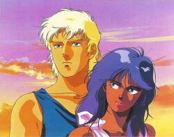 Rule 34 | 1980s (style), 1boy, 1girl, afranshia char, blonde hair, blue eyes, cloud, couple, dusk, everly key, gaia gear, green eyes, grin, gundam, key visual, kitazume hiroyuki, looking at another, looking to the side, mullet, official art, oldschool, promotional art, purple hair, retro artstyle, scan, smile, tank top, traditional media, upper body