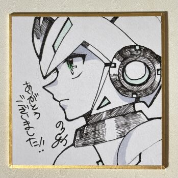 Rule 34 | 1boy, android, armor, close-up, forehead jewel, helmet, highres, lineart, male focus, mega man (series), mega man x (series), no-rishio, photo (medium), profile, shikishi, solo, traditional media, x (mega man)