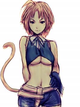 00s 1girl :3 blonde_hair breasts cowboy_shot female_focus final_fantasy final_fantasy_ix fumio_(rsqkr) genderswap genderswap_(mtf) gloves large_breasts looking_at_viewer midriff monkey monkey_girl naughty_face shorts solo tail underboob zidane_tribal