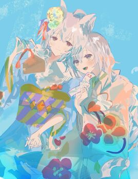 2girls ahoge alternate_costume animal_ears axtlv blue_eyes blush closed_mouth ear_flower ear_ornament ema floral_print floral_print_kimono grey_hair hair_between_eyes highres holding holding_ema holding_hands holding_omikuji horse_ears horse_girl japanese_clothes kimono long_hair long_sleeves multicolored_hair multiple_girls oguri_cap_(umamusume) omikuji open_mouth print_kimono smile tamamo_cross_(umamusume) umamusume