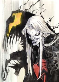 2boys black_bodysuit bodysuit character_name comic_cover cover cover_page eyed_silhouette grin highres knull_(marvel) logo long_hair long_tongue male_focus marvel monster_boy multiple_boys no_pupils official_art peach_momoko sharp_teeth silhouette smile spider-man_(series) symbiote teeth textless_version tongue upper_body venom_(marvel) very_long_tongue white_hair yellow_eyes