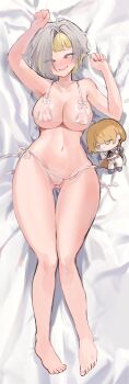 1girl absurdres arms_up bed_sheet bikini breasts commentary_request dakimakura_(medium) full_body grey_eyes grey_hair highres kromer_(project_moon) large_breasts limbus_company migishita multicolored_hair nipples partial_commentary project_moon pussy see-through_bikini see-through_clothes sinclair_(project_moon) stuffed_toy sweat swimsuit