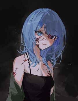 1girl black_background black_eyes black_shirt blood blood_on_arm blood_on_breasts blood_on_face blue_eyes blue_hair breasts cleavage green_jacket hashtag-only_commentary heterochromia highres jacket jacket_partially_removed kjo_(kjobutcool) long_hair looking_at_viewer open_mouth original shirt sleeveless sleeveless_shirt small_breasts smile solo swept_bangs upper_body